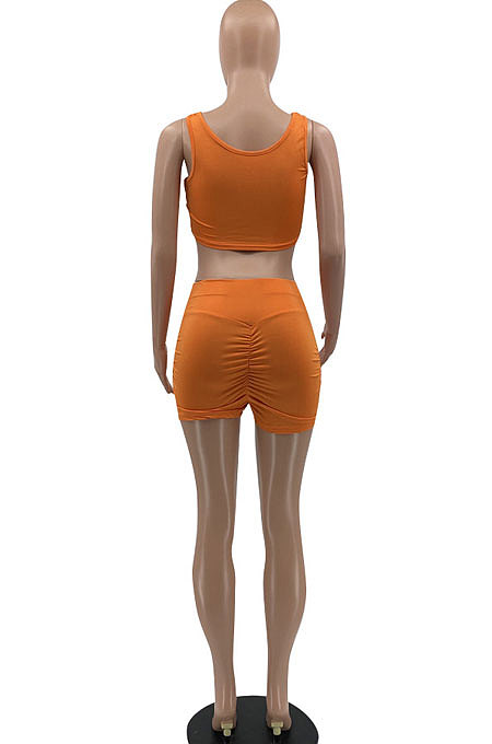 Pure Color Burnt Flower Vest Ruffle Tight Shorts Sport Casual Two-Pieces MLM9044