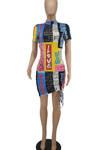 Casual Tight Short Sleeve Ruffle Knotted Strap Printing Trendy Mini Dress BLK2108