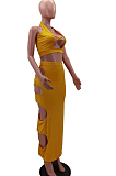 Sexy Pure Colou Hole Hang A Neck Package Hip Dress Two-Piece HHM6512
