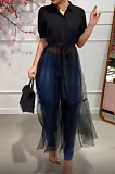 Women Sexy Net Yarn Spliced Pure Color Shirt Dress A8596