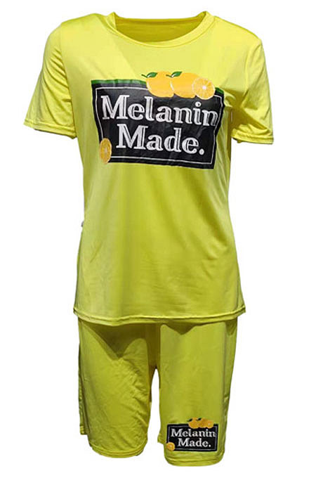 Printing Yellow Short Sleeve Shorts Casual Trendy Two-Pieces MDO202101