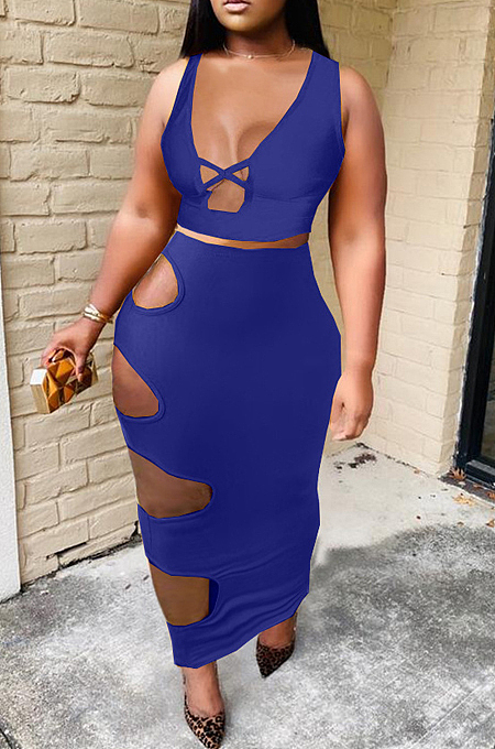 Sexy Pure Colou Hole Hang A Neck Package Hip Dress Two-Piece HHM6512