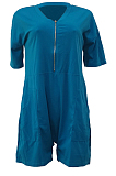 Women Loose Pure Color V Neck Zipper Casual Jumpsuit ALS242