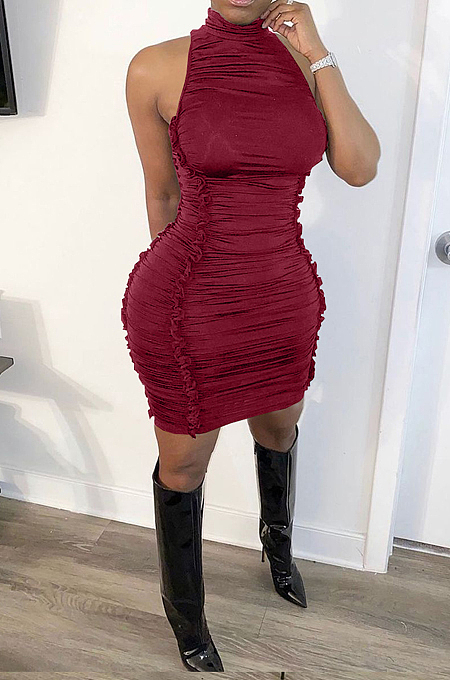 Fashion Pure Color Fold High Neck Back Zipper Dress BBN156