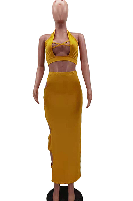 Sexy Pure Colou Hole Hang A Neck Package Hip Dress Two-Piece HHM6512