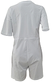 Women Loose Pure Color V Neck Zipper Casual Jumpsuit ALS242