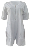 Women Loose Pure Color V Neck Zipper Casual Jumpsuit ALS242