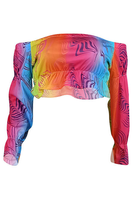 Fashion Rainbow Printing Agaric Edge A Word Shoulder T Shirts ED8377