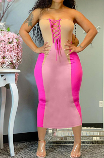 Fashion Casual Positioning Print Spliced Boob Tube Top Bind Dresses HHM6999