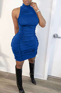 Fashion Pure Color Fold High Neck Back Zipper Dress BBN156
