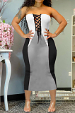 Fashion Casual Positioning Print Spliced Boob Tube Top Bind Dresses HHM6999