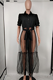 Women Sexy Net Yarn Spliced Pure Color Shirt Dress A8596
