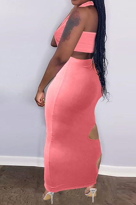 Sexy Pure Colou Hole Hang A Neck Package Hip Dress Two-Piece HHM6512