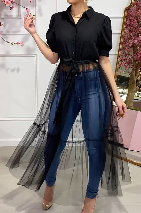 Women Sexy Net Yarn Spliced Pure Color Shirt Dress A8596