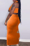 Sexy Pure Colou Hole Hang A Neck Package Hip Dress Two-Piece HHM6512