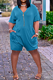 Women Loose Pure Color V Neck Zipper Casual Jumpsuit ALS242