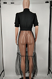 Women Sexy Net Yarn Spliced Pure Color Shirt Dress A8596