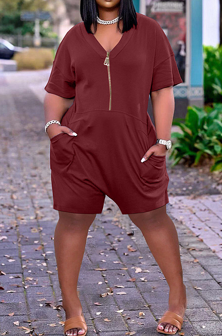 Women Loose Pure Color V Neck Zipper Casual Jumpsuit ALS242