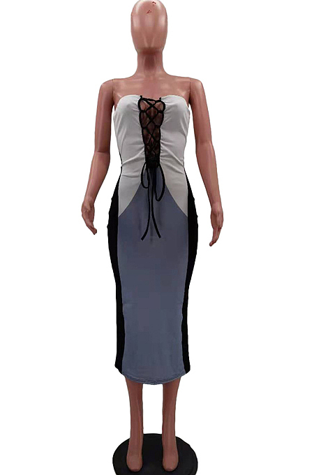 Fashion Casual Positioning Print Spliced Boob Tube Top Bind Dresses HHM6999