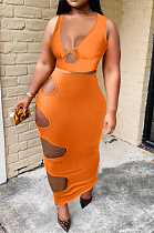 Sexy Pure Colou Hole Hang A Neck Package Hip Dress Two-Piece HHM6512