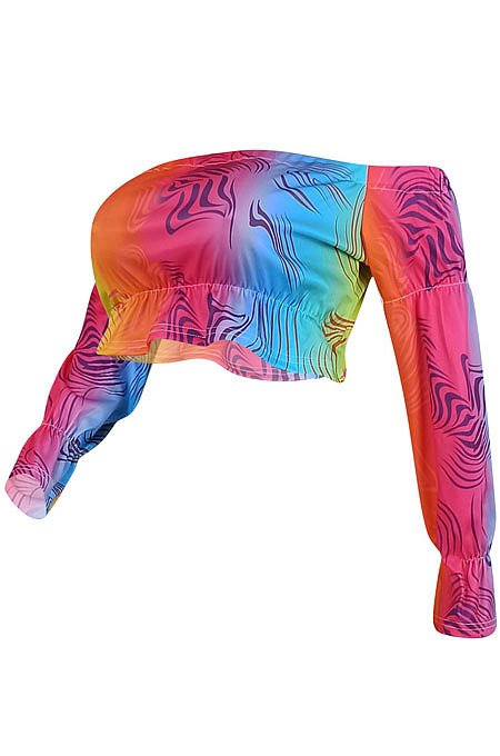 Fashion Rainbow Printing Agaric Edge A Word Shoulder T Shirts ED8377