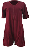 Women Loose Pure Color V Neck Zipper Casual Jumpsuit ALS242