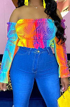 Fashion Rainbow Printing Agaric Edge A Word Shoulder T Shirts ED8377