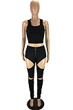 Fashion Sexy Prue Color Vest Hole Hlole Pants Two-Piece LYY9296