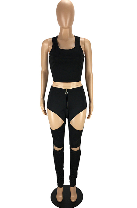 Fashion Sexy Prue Color Vest Hole Hlole Pants Two-Piece LYY9296