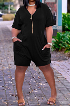 Women Loose Pure Color V Neck Zipper Casual Jumpsuit ALS242