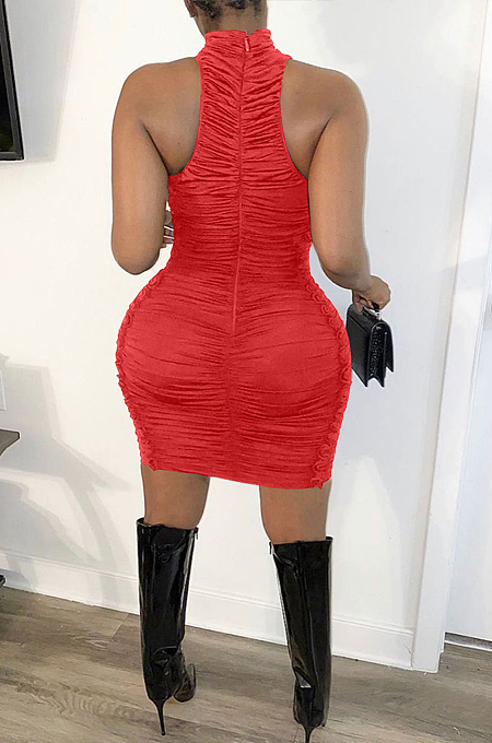 Fashion Pure Color Fold High Neck Back Zipper Dress BBN156