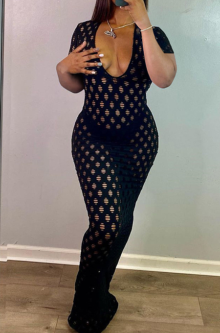 Sexy Hollow Out U Neck Low Bosom Long Dress KY3051