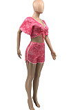 Fashion Sexy V Neck Bilateral Bind Short Sleeve Shorts Two-Piece KY3056