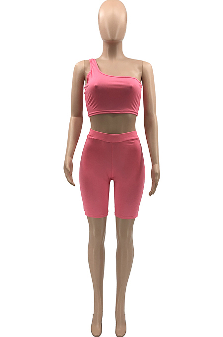 Fashion Cultivate One's Morality One Shoulder Pure Color Two-Piece KY3059