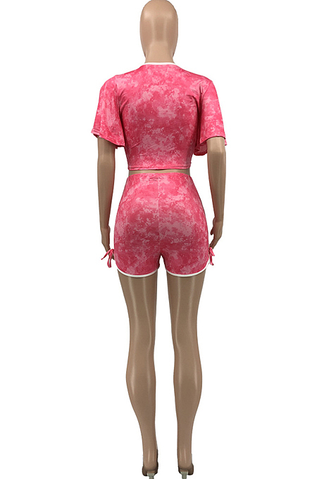 Fashion Sexy V Neck Bilateral Bind Short Sleeve Shorts Two-Piece KY3056