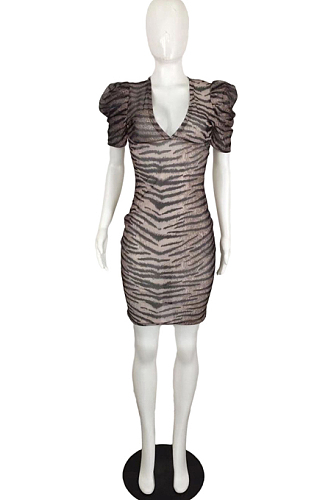 Sexy Leopard Print Low Bosom V Neck Package Buttocks Dress QY5048