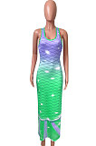 Fish Scales Double Color Positioning Printing Sleeveless Long Dress NK232