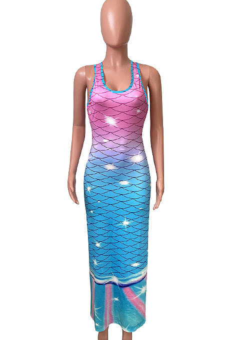 Fish Scales Double Color Positioning Printing Sleeveless Long Dress NK232
