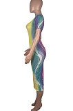 Tie Dye Sexy Net Yarn Hollow Out Perspective Short Sleev Midi Dress MOL137