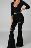 High Waist Hurnt Flower Hole Flare Jeans LA3262