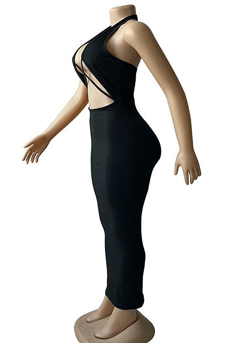Pure Color Halter Neck Cross Low Collar Backless Long Dress BNB021