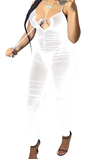 Shirred Detail Net Yarn Tight Sexy Bodycon Jumpsuits NK233