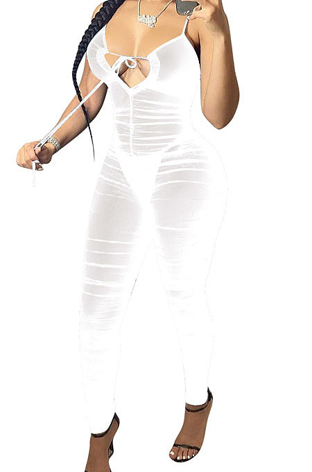 Shirred Detail Net Yarn Tight Sexy Bodycon Jumpsuits NK233