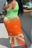 Fish Scales Double Color Positioning Printing Sleeveless Long Dress NK232
