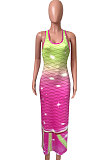Fish Scales Double Color Positioning Printing Sleeveless Long Dress NK232
