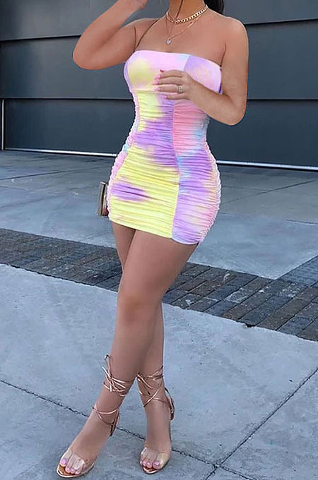 Tie Dye Sexy Cute Ruffle Chest Warp Mini Dress MOL139