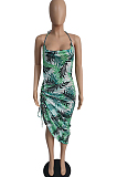 Fashion Sexy Digital Print Hang A Neck Drawsting Dress MK026
