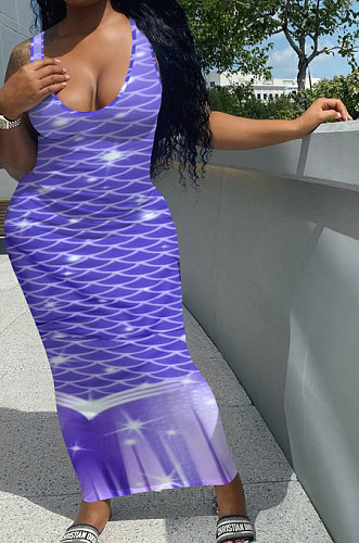 Fish Scales Positioning Printing Sleeveless Long Dress NK231