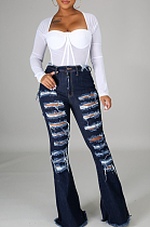 High Waist Hurnt Flower Hole Flare Jeans LA3262