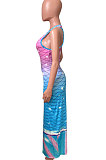 Fish Scales Double Color Positioning Printing Sleeveless Long Dress NK232
